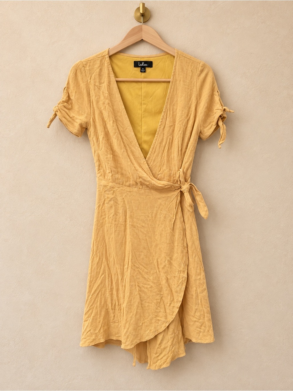 Lulu's Mustard Wrap Mini Dress with Tie Sleeves